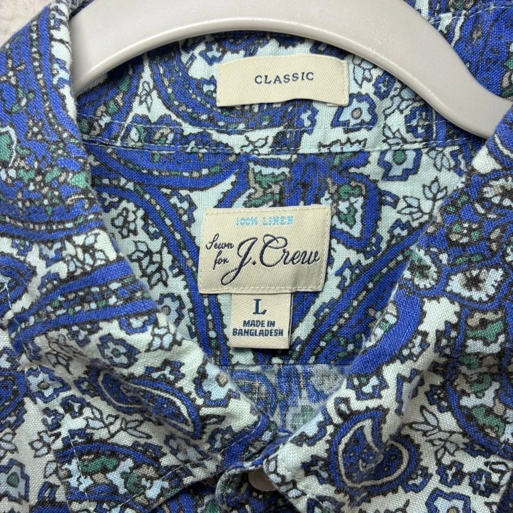 J Crew Linen Button Shirt Men‎ L Blue Paisley AOP Summer Beach Vacation Short